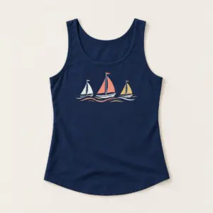 Navy Sailboat Regatta Ladies' Tank with compact front chest panel print of three sailboats with triangle sails on a wave line in white, coral and gold
