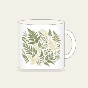 Pressed Ferns with a Gold Line Mug in white: All-over pressed ferns in sage and cream, edged with a fine gold line.
