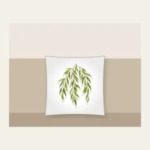 Weeping Willow Branches with Dewdrops Pillow in white: Weeping willow branches in green and gold carry tiny dewdrops and small leaf pendants.