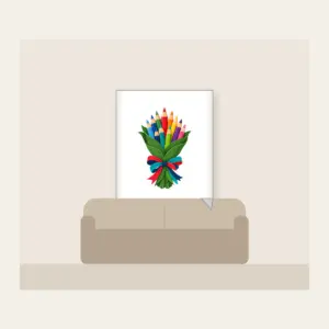 Pencil Bouquet Fleece Blanket in white: Colored pencils gathered like a bouquet in a green leaf wrapping with a red, teal and navy ribbon.