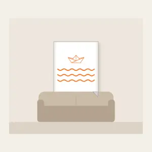 Paper Boat on Ripples Fleece Blanket in white: A folded paper boat on three ripple lines in white and orange.