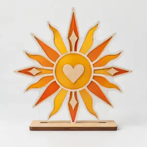 Sunbeam Suncatcher Standee with suncatcher panel with concentric sunburst rays in amber, tangerine and gold with a small heart in the centre