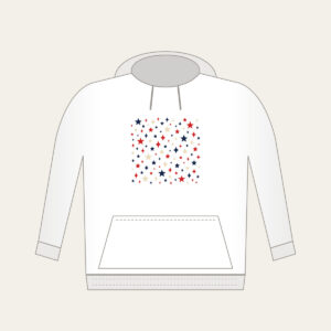Small Stars and Diamonds Repeat in Navy Hoodie in white: A repeat of small stars and diamonds in navy, red and cream.