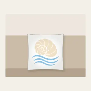 Cream Spiral Shell Over Blue Currents Pillow in white: A cream spiral shell above three pale-blue flowing current lines.