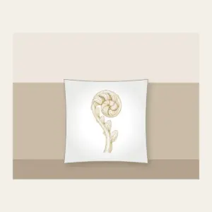 Unrolling Fiddlehead Fern Pillow in white: A single fiddlehead fern unrolls in cream line art.