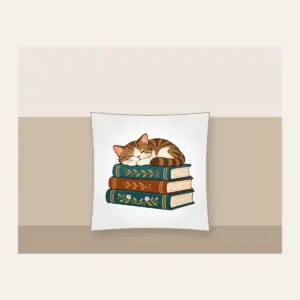 Cat Napping on Three Books Pillow in white: A cat curled up asleep on a stack of three books, in warm brown and teal.