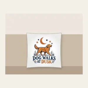 DOG WALKS AT DUSK Pillow in white