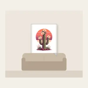 Flowering Saguaro and Striped Sun Fleece Blanket in white: A flowering saguaro cactus stands against a striped sunset sun in coral, plum and cream.