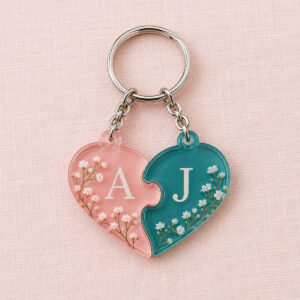 Two linked acrylic heart keychain pieces in rose and teal with initials A and J
