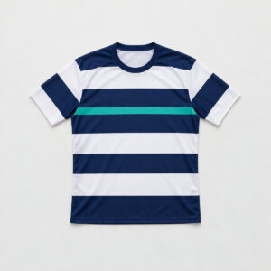 Coastal Stripe Soccer Jersey with horizontal stripes in white and navy with a thin teal band across the chest