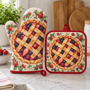 Berry Pie Oven Mitt and Pot Holder with a lattice-top berry pie with red berries and a cream border on both items