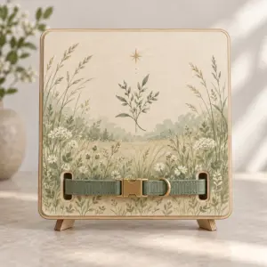 Quiet Meadow Memorial Collar Sign with calm meadow with grasses, one small star and a small original sprig vignette in the centre in soft green and cream, no animals