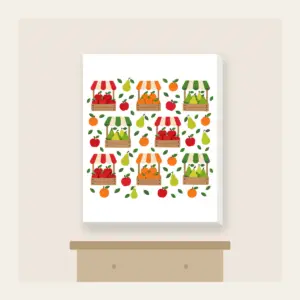Fruit Crates and Striped Awnings Canvas Print in white: Crates of apples, oranges and pears under striped awnings in red, orange and green on cream, balanced for little ones.