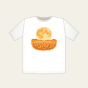 Harvest Moon over Wheat T-Shirt in white: A large orange harvest moon above rows of wheat in orange and cream.