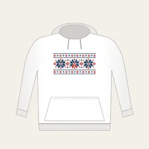 Fair Isle Snowflake Band Hoodie in white: A Fair Isle-style band of snowflakes and small diamonds in navy, cream and red.