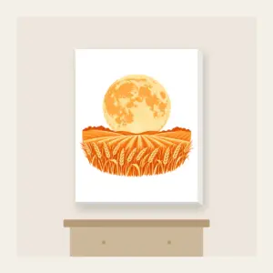 Harvest Moon over Wheat Canvas Print in white: A large orange harvest moon above rows of wheat in orange and cream.