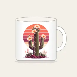 Flowering Saguaro and Striped Sun Mug in white: A flowering saguaro cactus stands against a striped sunset sun in coral, plum and cream.