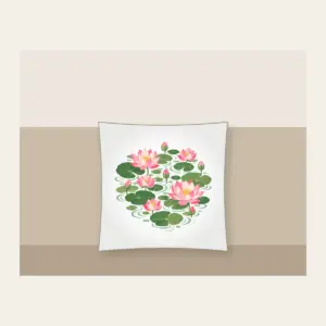 Lotus Blooms over Pond Ripples Pillow in white: Lotus blooms float above pond ripples in pink, green and cream.