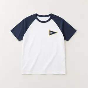 White Raglan Quiet Pennant Colorblock Tee with compact front chest panel print of a pennant with a star in navy and gold