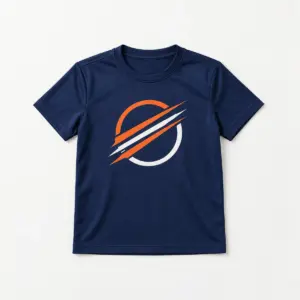 Rally Stripe Youth Sport Tee with chest print of three diagonal stripes in orange and white crossing a bold circle