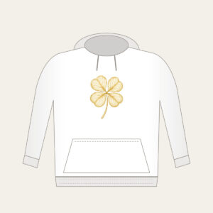 Four-Leaf Clover Botanical Plate Hoodie in white: A four-leaf clover with its roots, drawn in cream and gold line art in the style of a botanical plate.