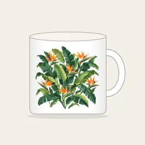 Banana Leaves and Birds-of-Paradise Mug in white: Banana leaves and birds-of-paradise flowers in green and orange on cream.