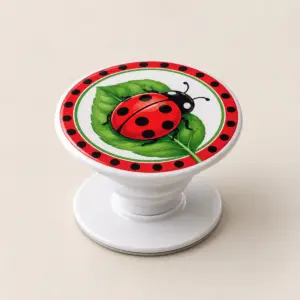 Ladybug Dot Magnetic Phone Grip with a ladybug on a leaf with polka-dot border in red, black and green