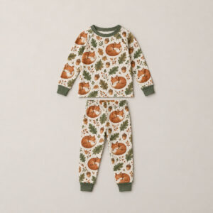 Little Fox Hollow Kid Raglan Pajama Set with all-over repeat of curled foxes, acorns and leaves in rust, cream and moss