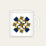 Mustard and Navy Patchwork of Stars Mug in white: A patchwork of stars and diamonds in navy, mustard and cream.