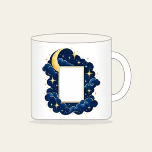 Starry Navy Sky with an Open Center Mug in white: A deep-blue sky of tiny stars and a crescent surrounds an empty central rectangle.
