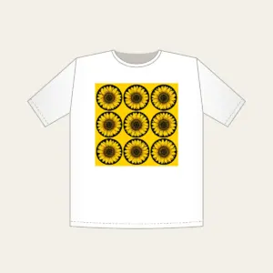 Nine Sunflowers in a Yellow Grid T-Shirt in white: A neat three-by-three grid of nine sunflower circles in black and golden lines on a yellow ground.