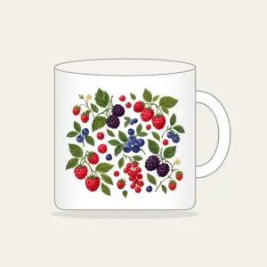 Wild Berries and Leaves Mug in white: A scatter of wild berries and leaves in plum, red and green on cream.