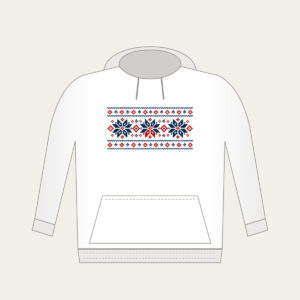 Fair Isle Snowflake Band Hoodie in white: A Fair Isle-style band of snowflakes and small diamonds in navy, cream and red.