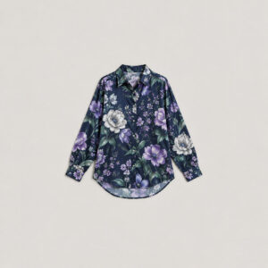Midnight Garden Satin Button-Down with night garden blooms in silver, lilac and deep green on navy