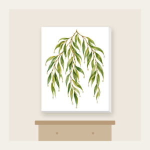 Weeping Willow Branches with Dewdrops Canvas Print in white: Weeping willow branches in green and gold carry tiny dewdrops and small leaf pendants.