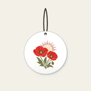 Twin Poppies and a Rising Sun Ceramic Ornament in white: Two poppies beneath a rising sun in red, cream and olive.