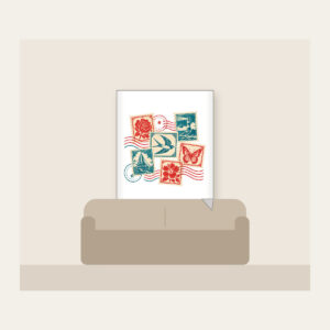 Vintage Postage Collage Fleece Blanket in white: Vintage postage stamps with a wavy postmark in teal, cream and red.