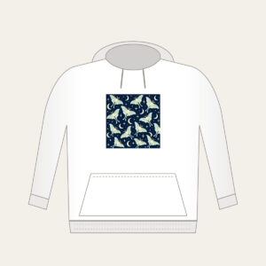 Luna Moths and Crescent Moons on Navy Hoodie in white: Pale luna moths and crescent moons glow on deep navy among tiny star dots.