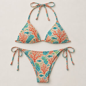 Coral Reef Mosaic String Bikini with an all-over mosaic of coral branches and small fish scales in coral, turquoise and sand