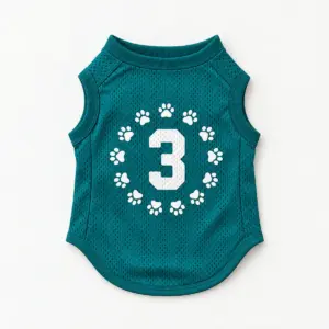 Fetch Club Pet Jersey with a circle of small paw prints in white on teal around the number "3"