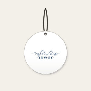Tide Chart and Moon Phases Ceramic Ornament in white: A navy line-art tide curve dotted with tiny shells, with five moon phases beneath.