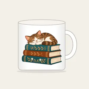 Cat Napping on Three Books Mug in white: A cat curled up asleep on a stack of three books, in warm brown and teal.