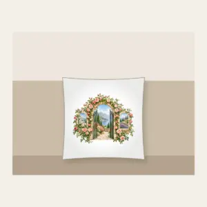 Rose Garden Gate Arch Pillow in white: An arched garden gate wrapped in blush and green climbing roses, with botanical and landscape scenes in its openings.
