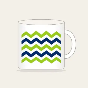 Lime and Navy Zigzag Bands Mug in white: Bold zigzag bands in lime, white and navy sweep across the artwork.