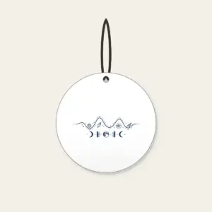Tide Chart and Moon Phases Ceramic Ornament in white: A navy line-art tide curve dotted with tiny shells, with five moon phases beneath.