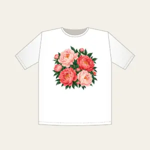Big Peonies on Deep Green T-Shirt in white: Large peonies in blush and coral with leaves on a dark green ground.