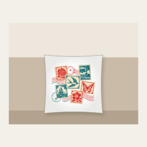 Vintage Postage Collage Pillow in white: Vintage postage stamps with a wavy postmark in teal, cream and red.