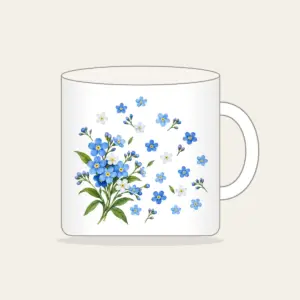 Forget-Me-Not Scatter Mug in white: Small forget-me-not flowers in blue and white drift across the space, with a larger sprig in one corner.