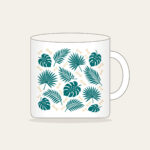 Palm Leaves and Little Bones Mug in white: Palm leaves and small bones in teal and cream, scattered all over.
