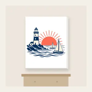 Lighthouse and Two Sailboats Canvas Print in white: A navy lighthouse, two cream sailboats outlined in navy and a coral rising sun.
